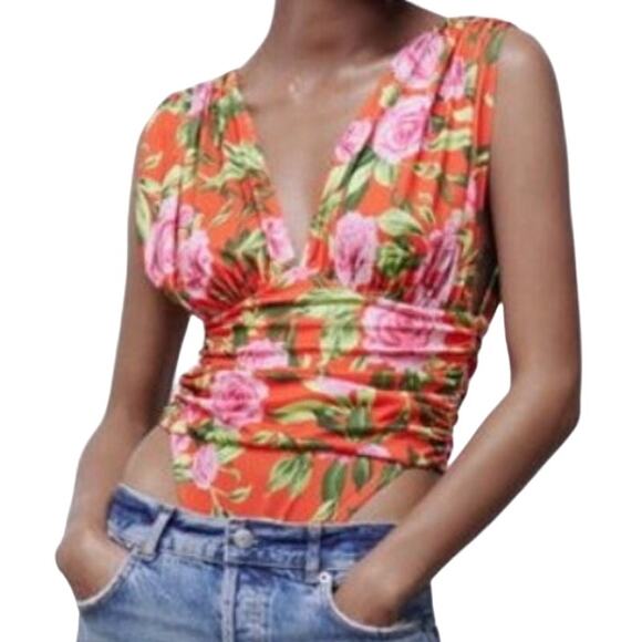 Zara Womens Rose Floral Printed Draped Bodysuit High Cut Medium New - Picture 13 of 13